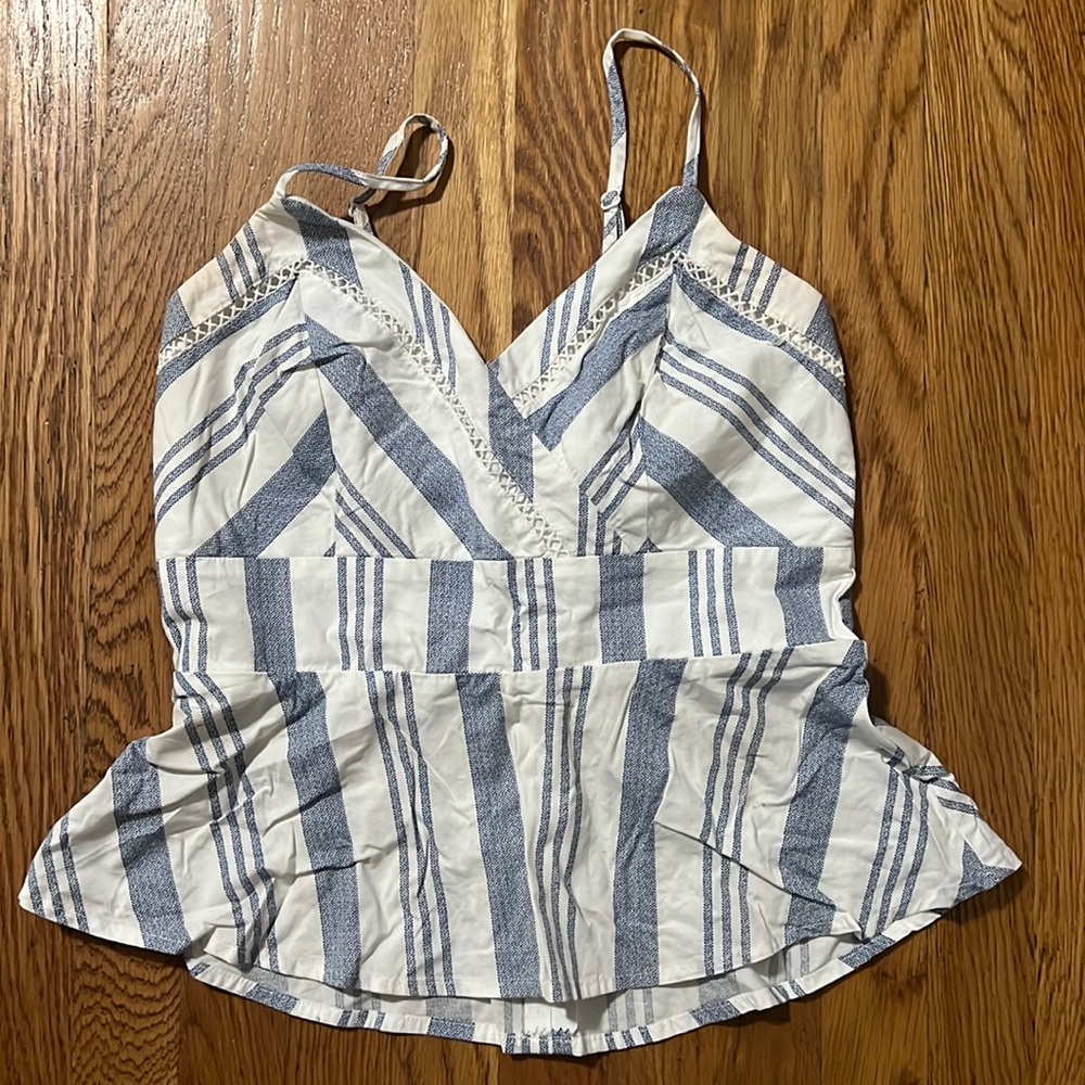 Blue and white striped peplum spaghetti strap tank with lace design, small
